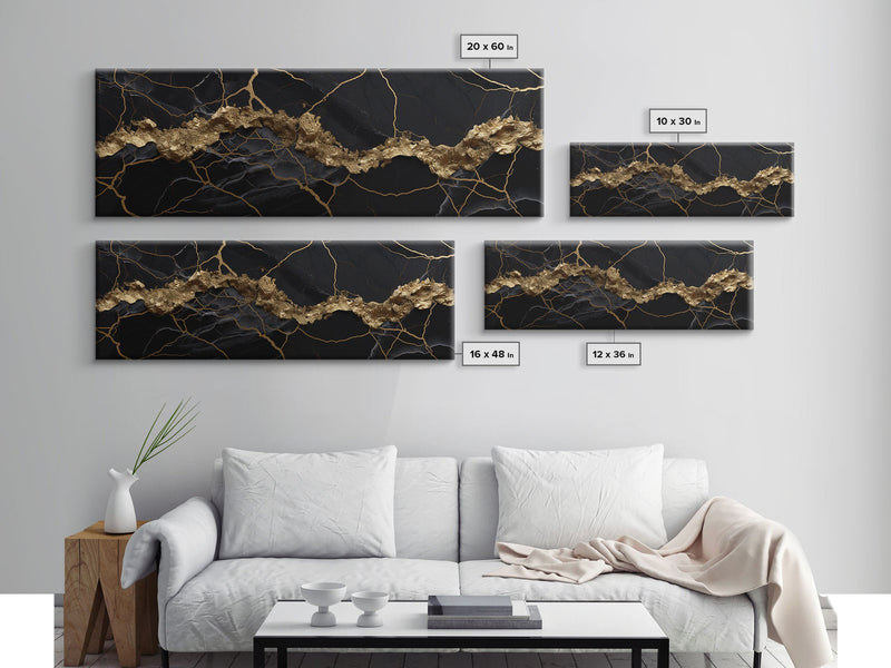 Black and Gold Marble Canvas Wall Art, Abstract Canvas Art, Panoramic Art, Large Wall Art, Marble Wall Decor, Large Canvas Art, Modern Art