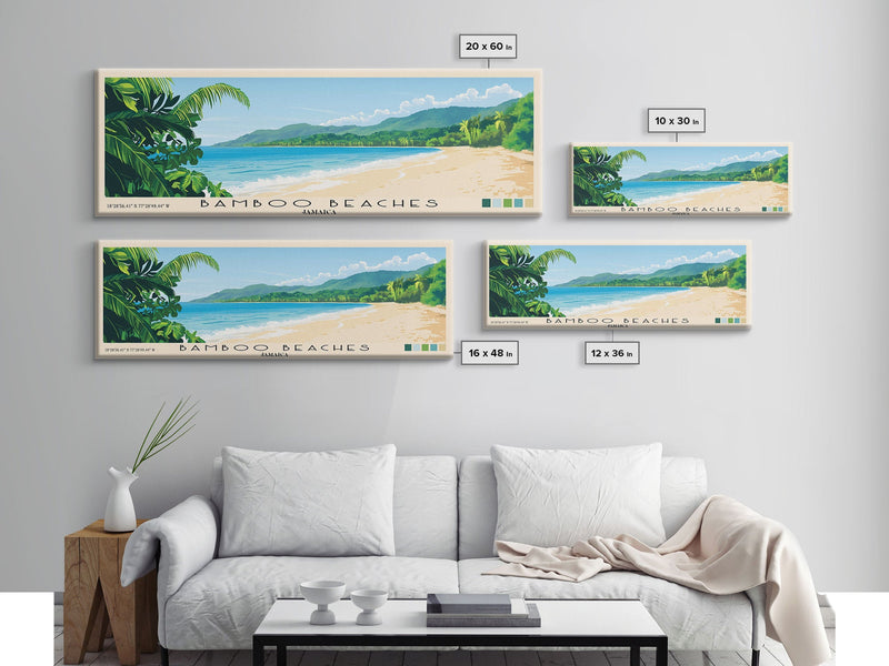 Bamboo Beaches, Jamaica Panoramic Print, Vacation Gift, Jamaica Wall Art, Beach Painting, Beach Decor, Large Wall Art, Wood Frame Art