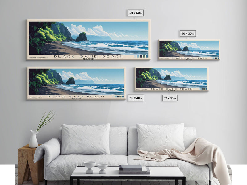 Black Sand Beach, Malasyia Panoramic Beach Print, Vacation Gift, Malasyia Wall Art, Framed Canvas Print, Framed Beach Painting