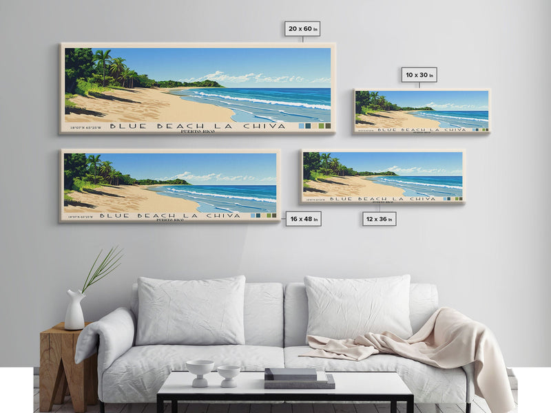 Blue Beach La Chiva, Puerto Rico Panoramic Beach Print, Vacation Gift, Puerto Rico Wall Art, Framed Canvas Print, Framed Beach Painting