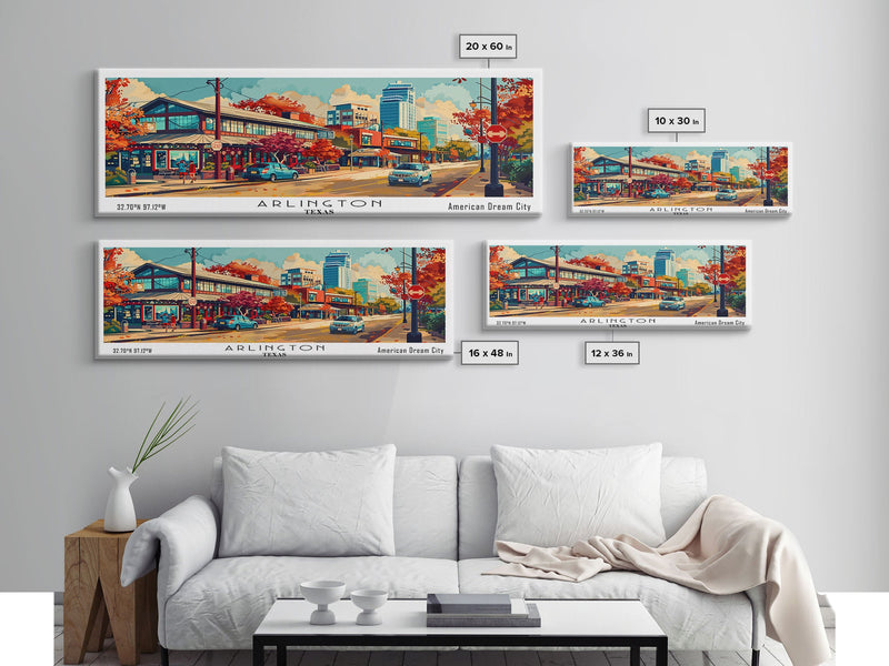 Arlington Texas Panoramic Painting Framed Canvas Print, Mid Century Modern Art, Pop Art Style, Travel Poster, Living Room Decor