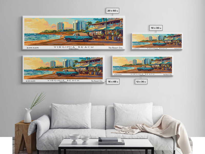 Virginia Beach Virginia Panoramic Wall Art, Mid Century Modern Framed Canvas Print, Retro Pop Art Travel Poster, Living Room Decor