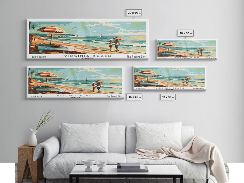 Virginia Beach Virginia Panoramic Wall Art, Mid Century Modern Framed Canvas Print, Retro Pop Art Travel Poster, Living Room and Office Decor