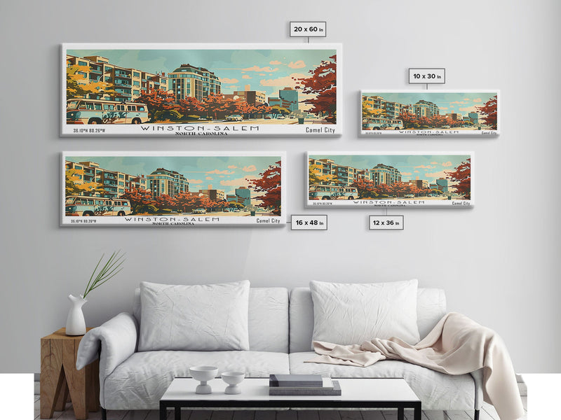 Winston-Salem North Carolina Panoramic Painting, Mid Century Modern Framed Canvas Print, Retro Pop Art Travel Poster, Living Room Wall Art Decor