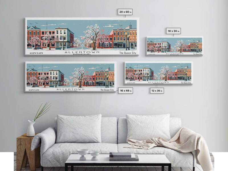 Allentown Pennsylvania Panoramic Painting, Mid Century Modern Framed Canvas Print, Retro Pop Art Travel Poster, Office Art, City Print