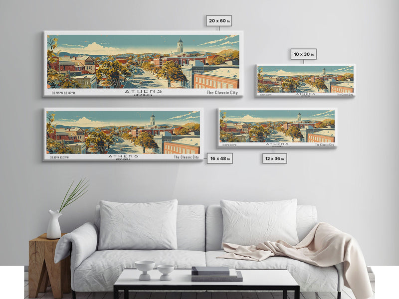 Athens Georgia Panoramic Painting, Mid Century Modern Framed Canvas Print, Retro Pop Art Travel Poster, Living Room Wall Art Decor, City Print