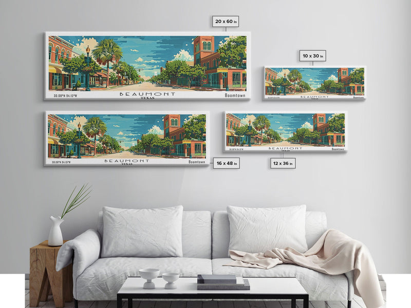 Beaumont Texas Panoramic Painting, Mid Century Modern Framed Canvas Print, Retro Pop Art Travel Poster, Living Room Wall Art, City Print