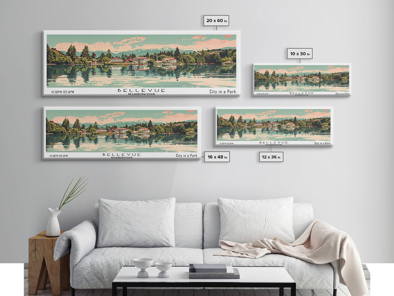 Bellevue Washington Panoramic Painting, Mid Century Modern Framed Canvas Print, Retro Pop Art Travel Poster, Office Wall Art, City Print