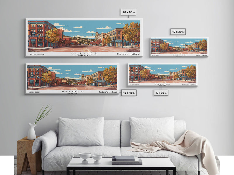 Billings Montana Panoramic Painting, Mid Century Modern Framed Canvas Print, Retro Pop Art Travel Poster, Living Room Wall Art, City Art