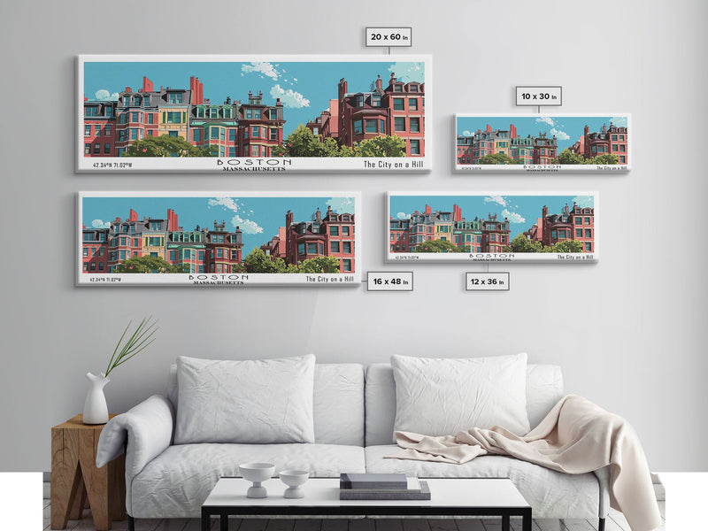 Boston Massachusetts Panoramic Painting, Mid Century Modern Framed Canvas Print, Retro Pop Art Travel Poster, Home Decor, City Art