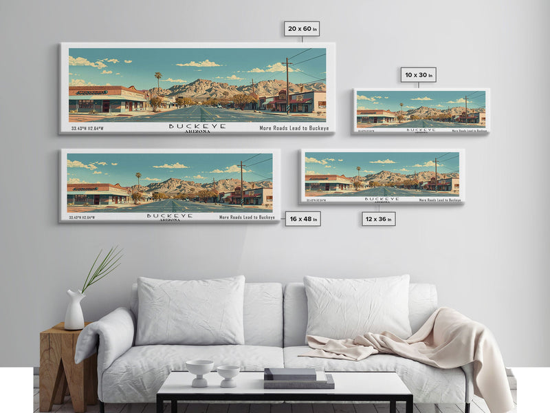 Buckeye Arizona Panoramic Painting, Mid Century Modern Framed Canvas Print, Retro Pop Art Travel Poster, Office Wall Art Decor, City Print