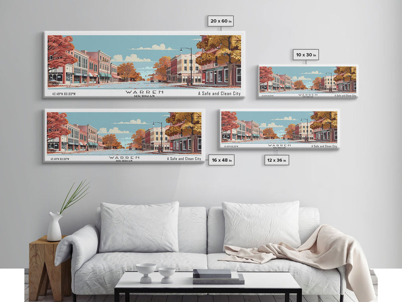 Warren Michigan Panoramic Painting, Mid Century Modern Framed Canvas Print, Retro Pop Art Travel Poster, Office Wall Art, Home Decoration