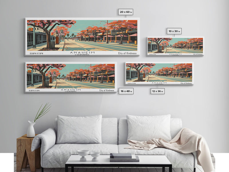 Anaheim California Panoramic Painting, Framed Canvas Print, Mid Century Modern Wall Art, Retro Pop Art Travel Poster, Office Decor, City Art