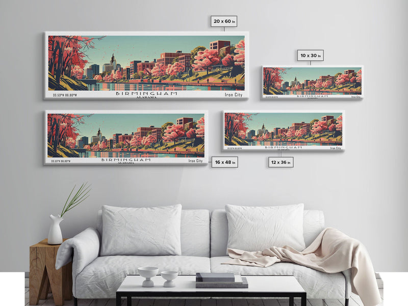 Birmingham Alabama Panoramic Painting, Framed Canvas Print, Mid Century Modern Wall Art, Retro Pop Art Travel Poster, Office Decor, City Art