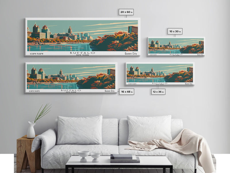 Buffalo New York Panoramic Painting, Framed Canvas Print, Mid Century Modern Wall Art, Retro Pop Art Travel Poster, Office Decor, City Art