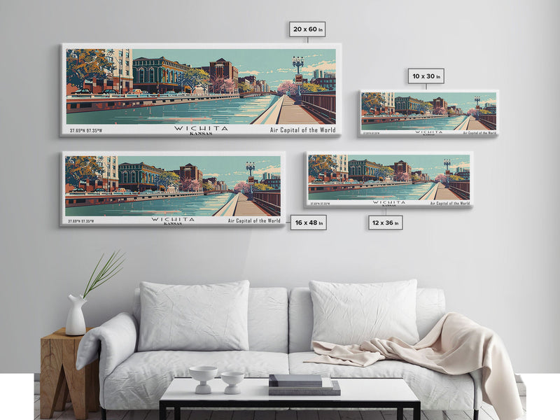 Wichita Kansas Panoramic Wall Art, Mid Century Modern Framed Canvas Print, Retro Pop Art Travel Poster, Cityscape Decor, Office Wall Art