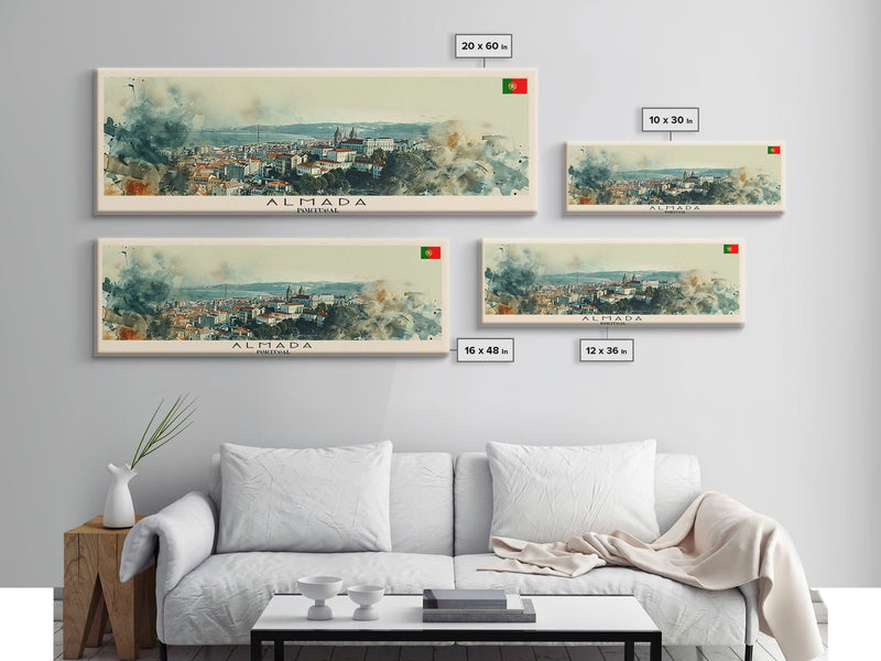 Almada Portugal Travel Art, City Art, Framed Canvas Print or Metal Wall Art, Europe Travel Poster, Panoramic Wall Art, Extra Wide Wall Art