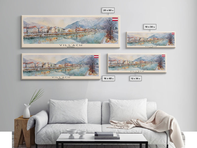 Villach Austria Travel Art, City Art, Framed Canvas Print or Metal Wall Art, Europe Travel Poster, Panoramic Wall Art, Extra Wide Wall Art