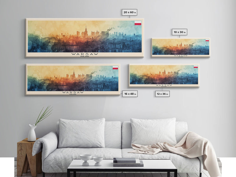 Warsaw Poland Travel Art, City Art, Framed Canvas Print or Metal Wall Art, Europe Travel Poster, Panoramic Wall Art, Extra Wide Wall Art