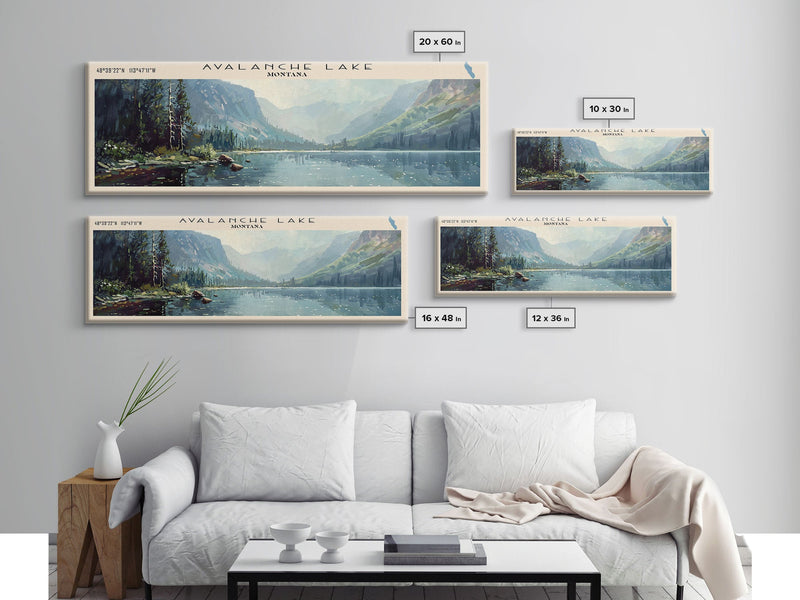 Avalanche Lake Montana Panoramic Framed Canvas Print, Lake House Art, Boho Decor, Travel Poster, Nature Wall Art, Serene Scene