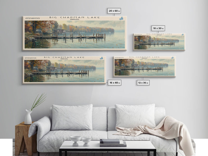 Big Chapman Lake Indiana Framed Canvas Print, Panoramic Lake House Art, Scenic Painting, Travel Poster, Rustic Art, Water Reflection