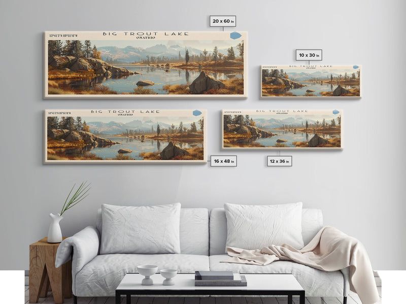 Big Trout Lake Framed Canvas Print, Lake House Art, Panoramic Scenic View, Travel Poster, Minimalist Wall Art, Lake Painting