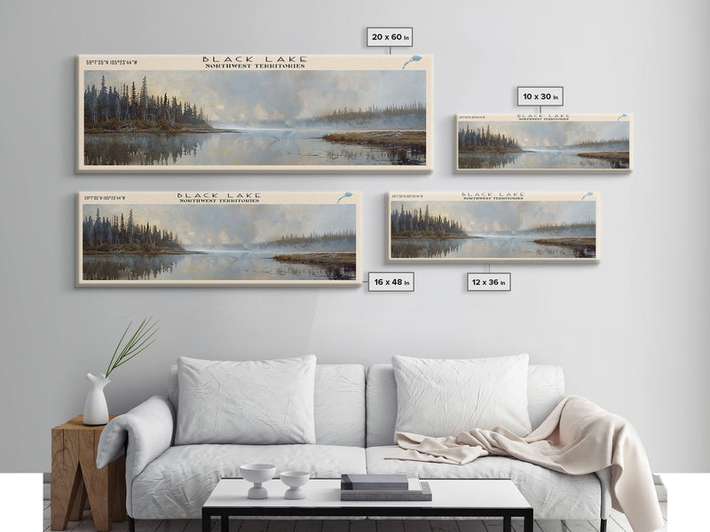 Black Lake Canada Northwest Territories Framed Canvas Print, Panoramic Lake House Art, Scenic View, Travel Poster, Lake Painting