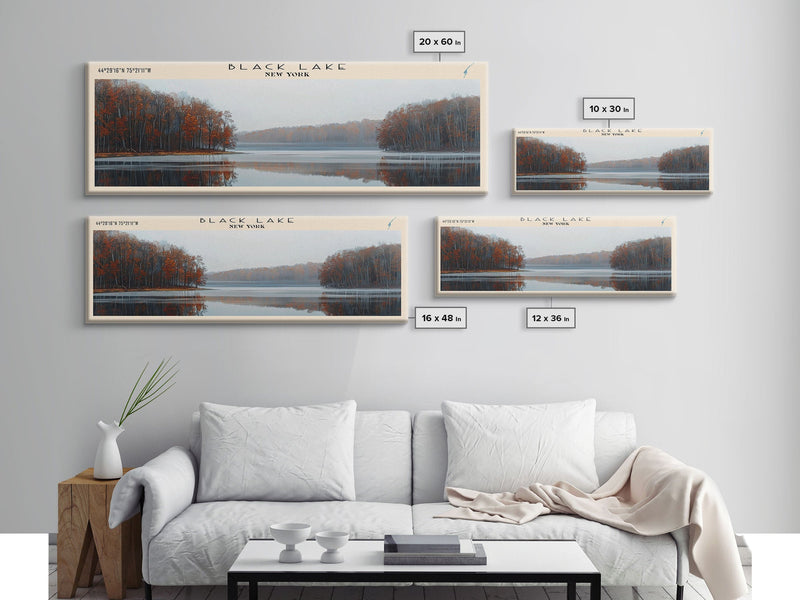 Black Lake New York Framed Canvas Print, Lake House Decor, Panoramic Scenic View, Travel Poster, Modern Art, Lake Painting