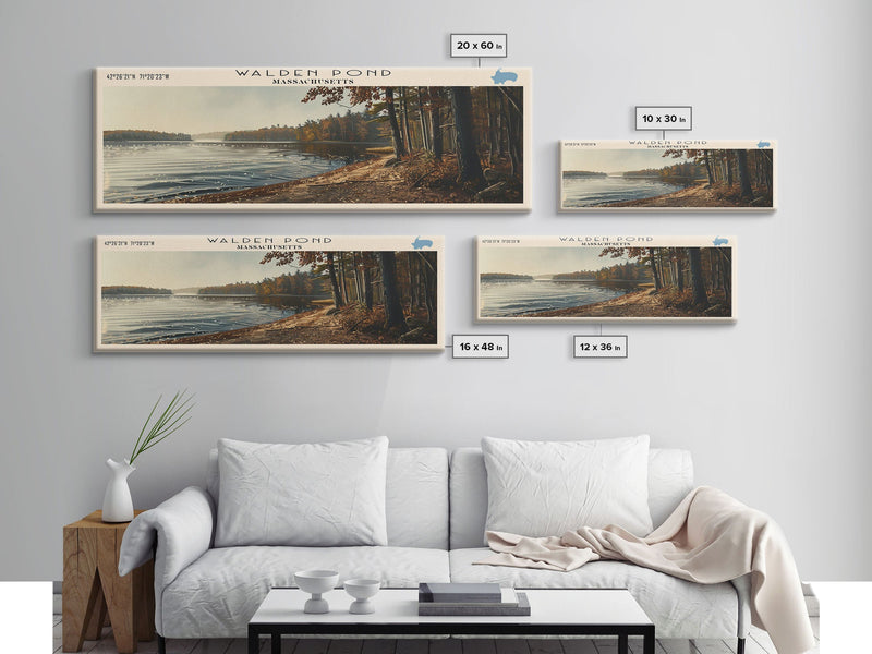 Walden Pond Massachusetts Panoramic Wall Art, Framed Canvas Print, Lake House Decor, Travel Poster, Scenic Lake Scene, Bedroom Decor