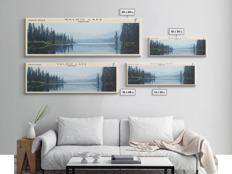 Waldo Lake Oregon Panoramic Wall Art, Framed Canvas Print, Lake House Decor, Travel Poster, Beautiful Lake Scene, Living Room Art