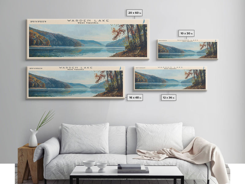 Warden Lake West Virginia Panoramic Wall Art, Framed Canvas Print, Lake House Decor, Travel Poster, Scenic Lake Scene, Living Room Art