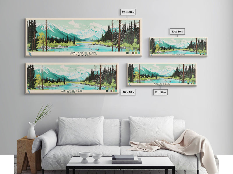 Avalanche Lake Montana Framed Canvas Print, Panoramic Wall Art, Midcentury Modern, Pop Art, Travel Poster, Scenic Living Room Art