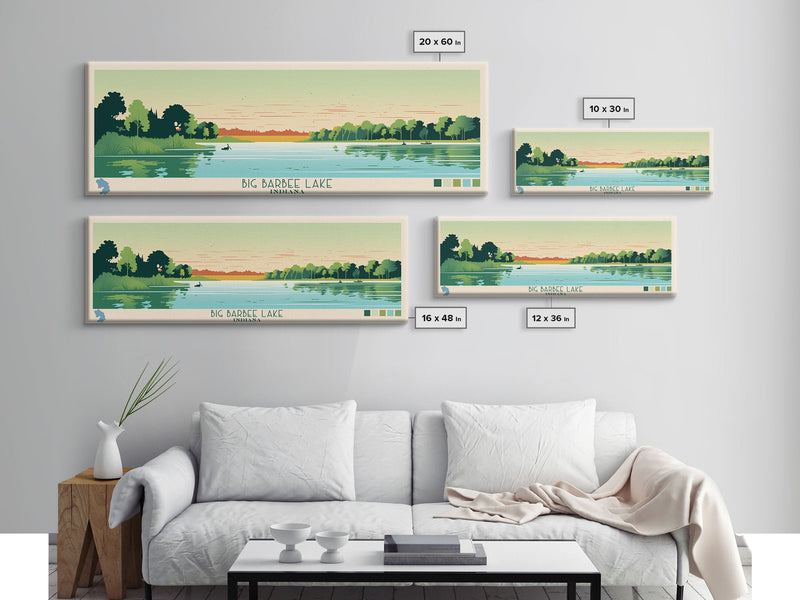 Big Barbee Lake Indiana Framed Canvas Print, Panoramic Travel Poster, Midcentury Modern Wall Art, Pop Art, Nature Living Room Art, Lake House Decor