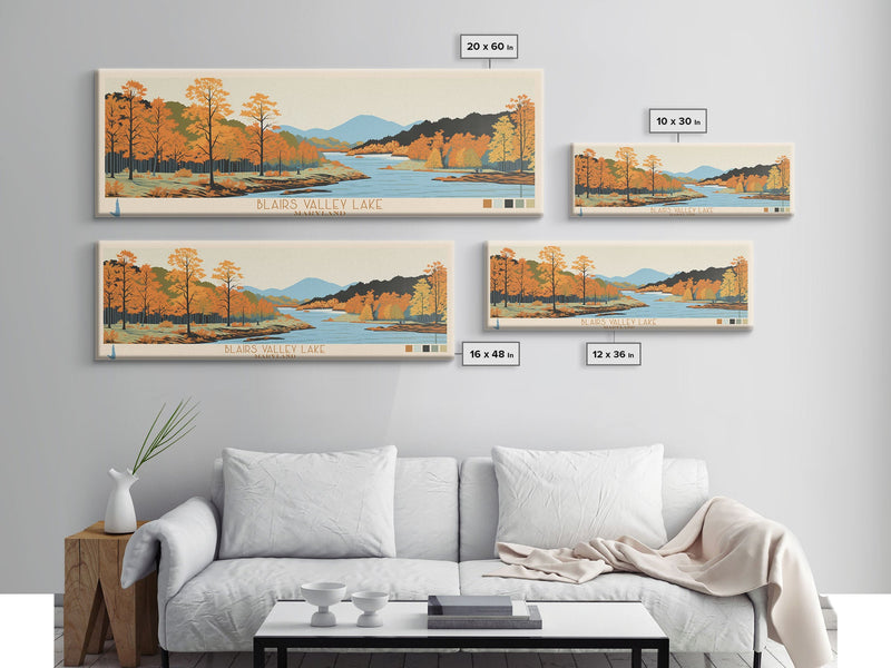 Blairs Valley Lake Maryland Framed Canvas Print, Panoramic Travel Poster, Midcentury Modern Wall Art, Pop Art, Nature Bedroom Art, Scenic Lake House Decor