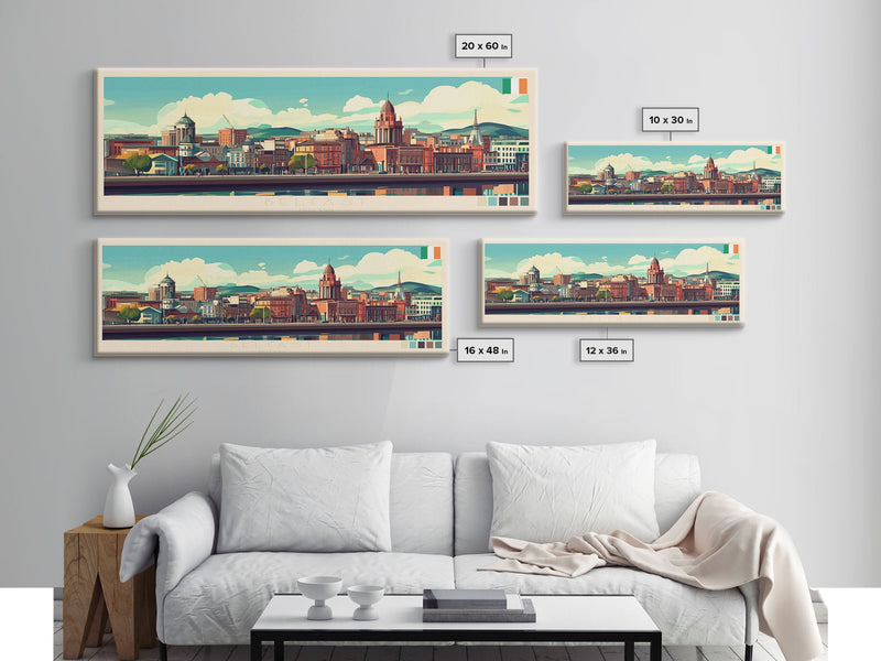 Belfast, Ireland Travel Poster Panoramic Canvas Print, Belfast, Ireland Painting, Ireland Art, Belfast Travel Art, Guest Room Painting