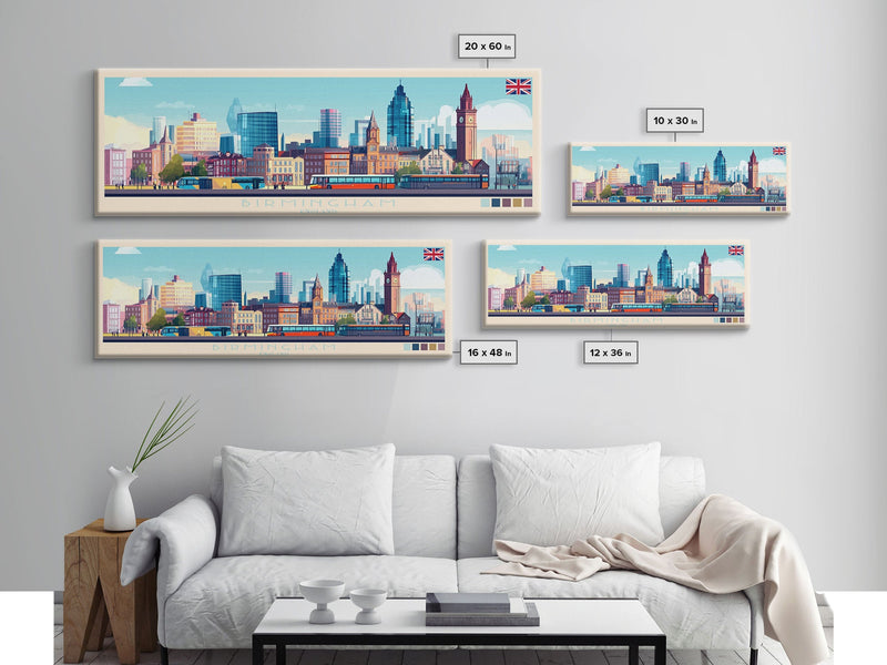 Birmingham, England Travel Poster Panoramic Canvas Print, Birmingham, England Painting, England Art, Birmingham Travel Art, Guest Room Painting