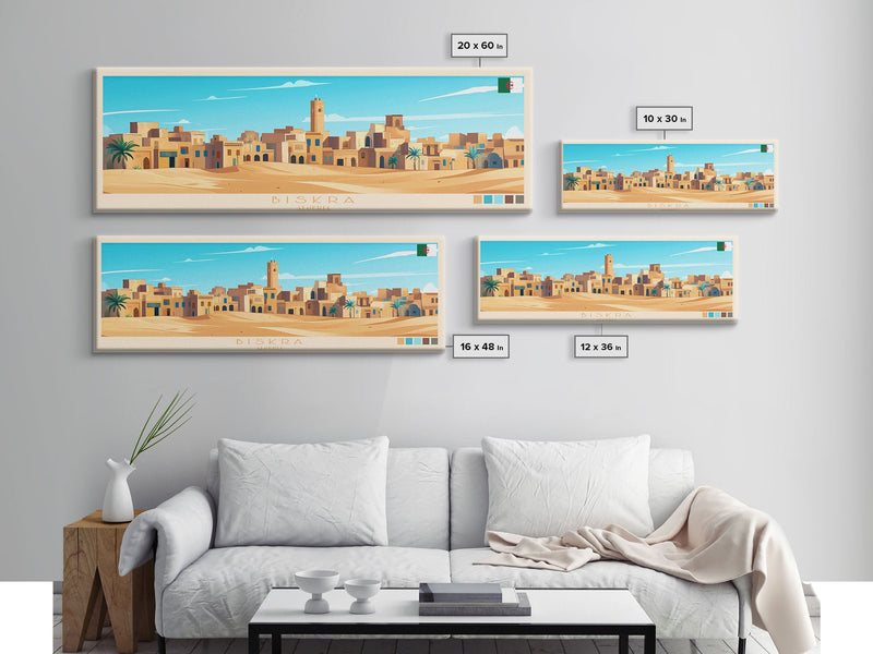 Biskra, Algeria Panoramic Travel Poster Canvas Print, Biskra, Algeria Painting, Algeria Art, Biskra Travel Art, Guest Room Painting