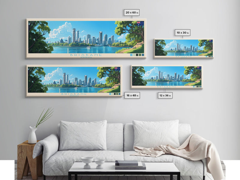 Brisbane, Australia Travel Poster Panoramic Canvas Print, Brisbane, Australia Painting, Australia Art, Brisbane Travel Art, Guest Room Painting