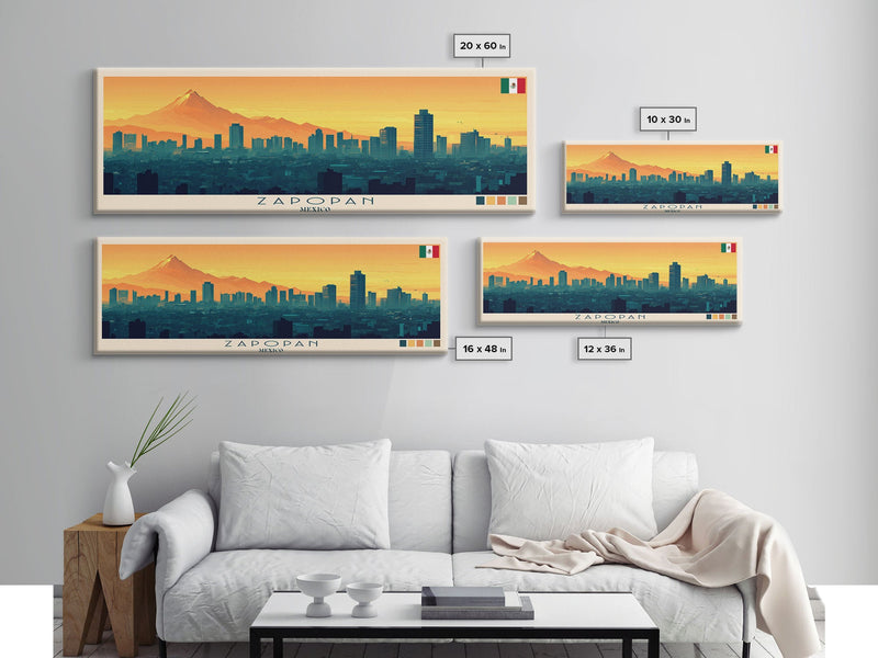 Zapopan, Mexico Panoramic Travel Poster Canvas Print, Zapopan, Mexico Painting, Mexico Art, Zapopan Travel Art, Guest Room Painting