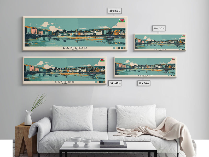 Bangor, Wales Panoramic Canvas Print, Bangor, Wales Painting, Wales Art, Bangor Travel Poster, Travel Art, Housewarming Gift