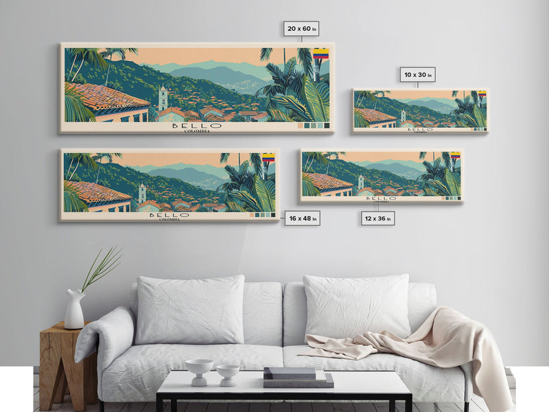 Bello, Colombia Panoramic Canvas Print, Bello, Colombia Painting, Colombia Art, Bello Travel Poster, Travel Art, Living Room Painting