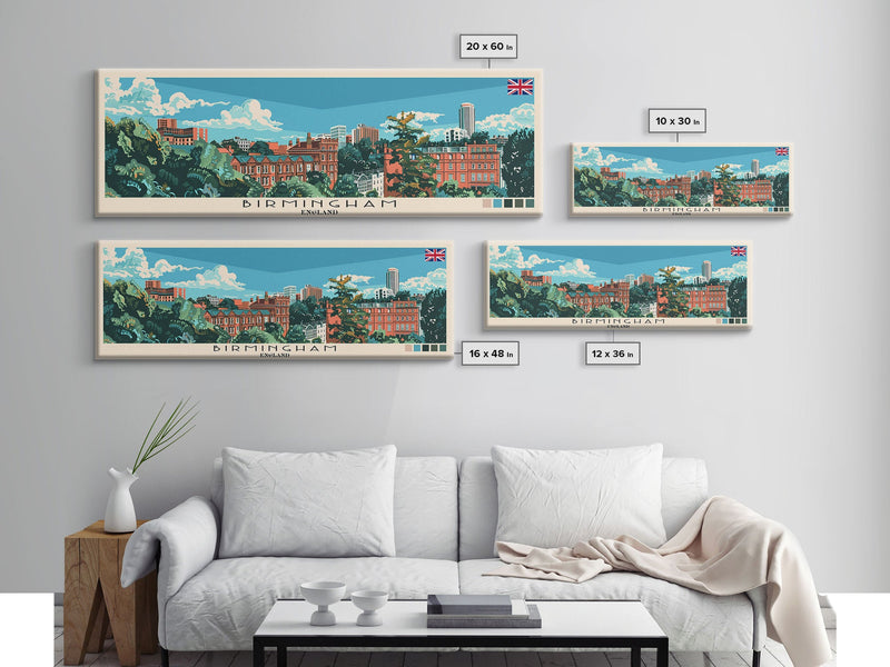 Birmingham, England Panoramic Canvas Print, Birmingham, England Painting, England Art, Birmingham Travel Poster, Travel Art, Guest Room Painting