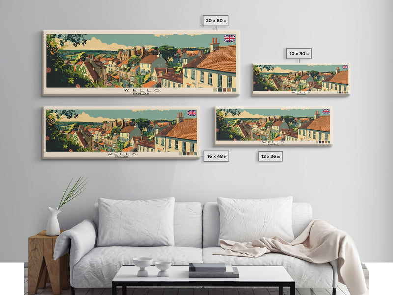 Wells, England Panoramic Canvas Print, Wells, England Painting, England Art, Wells Travel Poster, Travel Art, Guest Room Painting