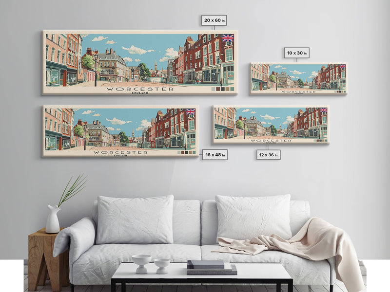 Worcester, England Panoramic Canvas Print, Worcester, England Painting, England Art, Worcester Travel Poster, Travel Art, Guest Room Painting