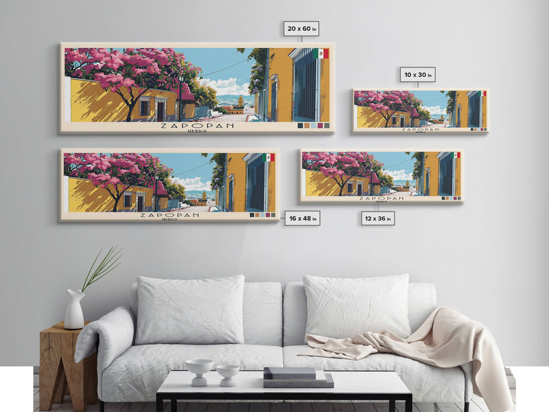 Zapopan, Mexico Panoramic Canvas Print, Zapopan, Mexico Painting, Mexico Art, Zapopan Travel Poster, Travel Art, Housewarming Gift