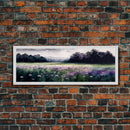 Panoramic Framed Canvas Print - Watercolor Purple Flower Field Landscape - Perfect for Living Room, Bedroom, Office, Guest Room Art