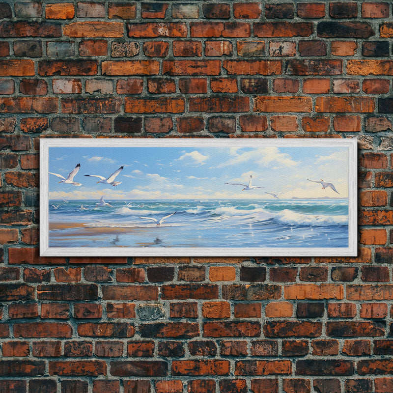 Blue Beach, Ocean Waves & Seagulls Panoramic Framed Canvas Print - Perfect for Living Room, Bedroom, Office Decor