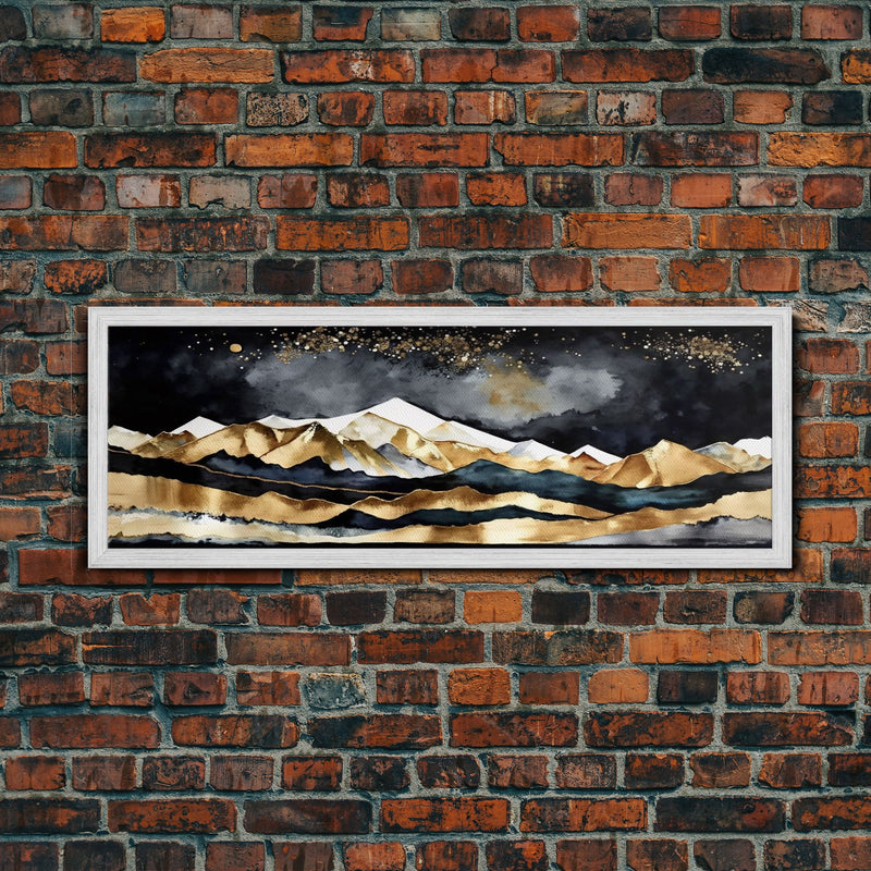 Black & Gold Mountain Landscape Painting, Framed Canvas Print, Panoramic Art, Extra Wide Art, Center Piece Decor, Above Fireplace or Sofa