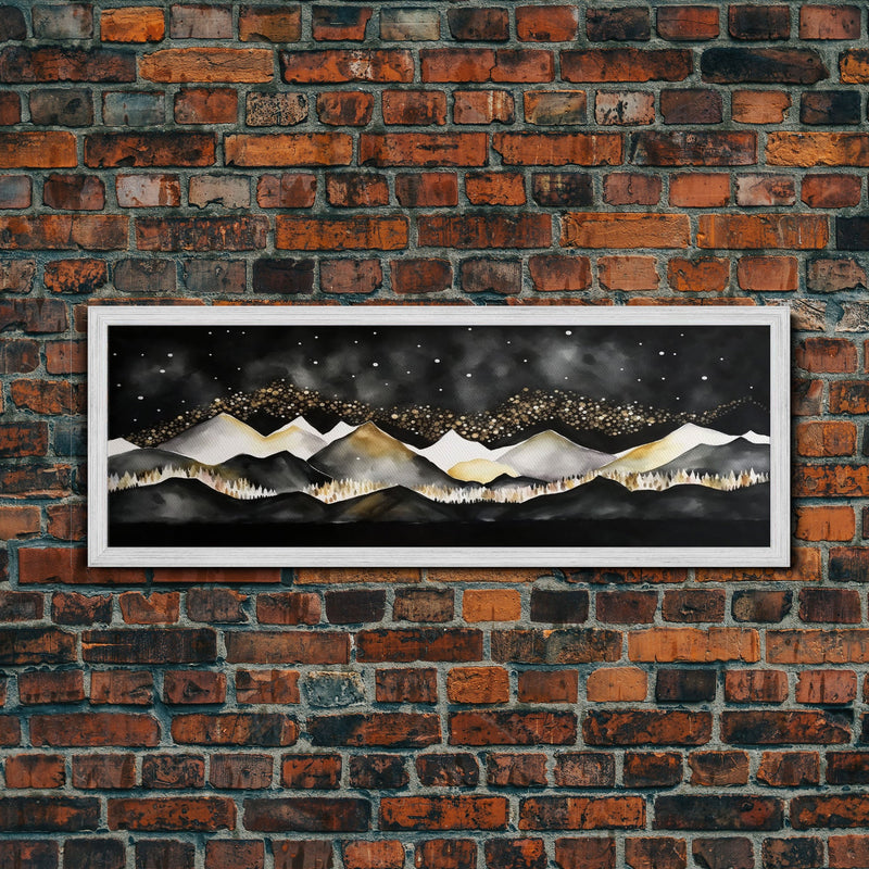 Black & Gold Mountain Landscape Painting, Framed Canvas Print, Panoramic Art, Extra Wide Art, Center Piece Decor, Above Fireplace or Sofa