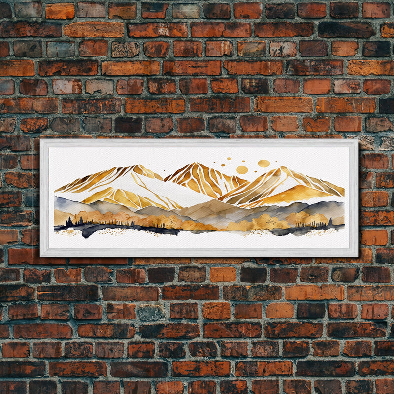 White & Gold Mountain Landscape Painting, Framed Canvas Print, Panoramic Art, Extra Wide Art, Center Piece Decor, Above Fireplace or Sofa